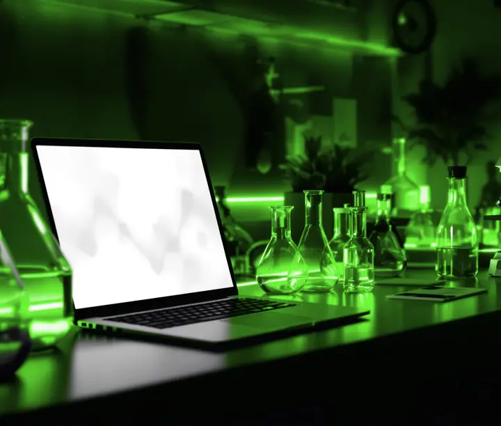 Lab bench with green-lit flasks, a microscope and a laptop: the DATA + LAB idea behind DataLab's outsourced marketing services
