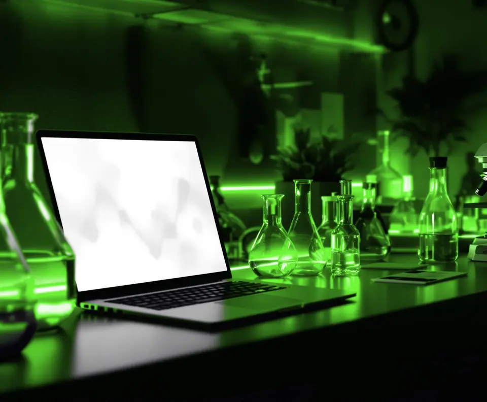 Lab bench with green-lit flasks, a microscope and a laptop: the DATA + LAB idea behind DataLab's outsourced marketing services
