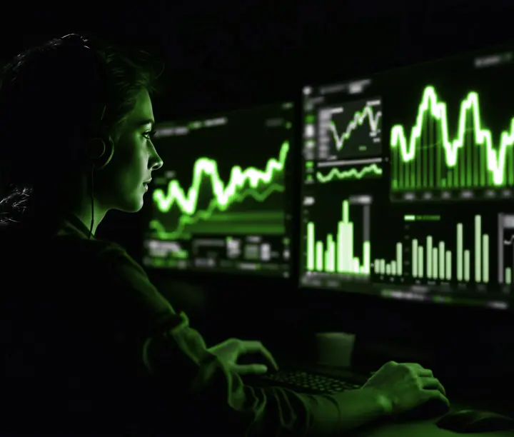 Performance marketing agency specialist reviewing paid campaign dashboards on two monitors