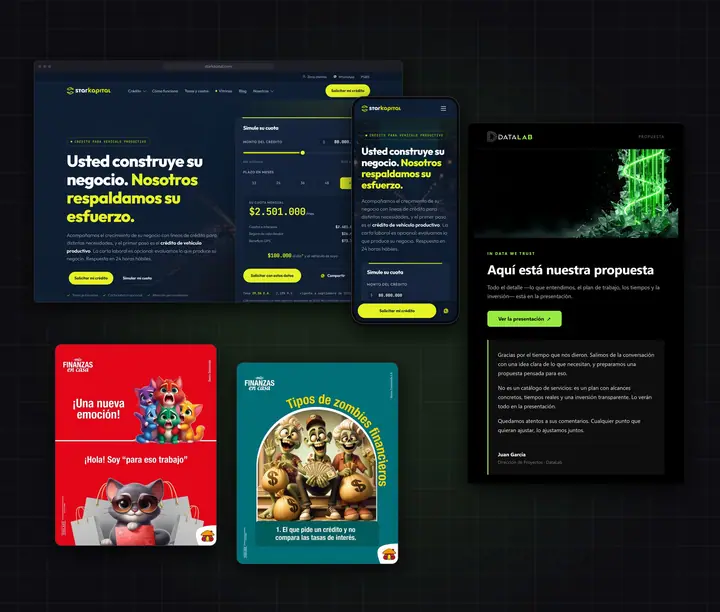 Portafolio de marketing digital de DataLab: el sitio de Starkapital, posts de Mis Finanzas en Casa y nuestro correo de propuestas