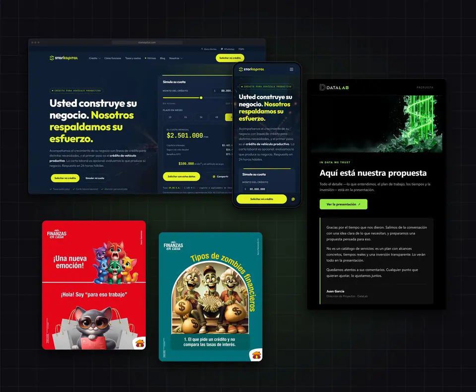 Portafolio de marketing digital de DataLab: el sitio de Starkapital, posts de Mis Finanzas en Casa y nuestro correo de propuestas