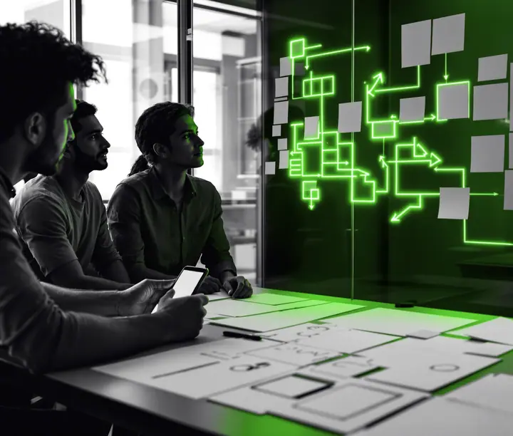 A product discovery services workshop: three people study sticky notes and a flow diagram on a glass wall, with wireframe sketches on the table