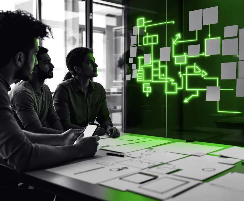 A product discovery services workshop: three people study sticky notes and a flow diagram on a glass wall, with wireframe sketches on the table