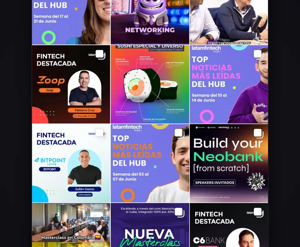 Parrilla de Instagram de Latam Fintech Hub: ejemplo de contenido para redes sociales hecho por DataLab