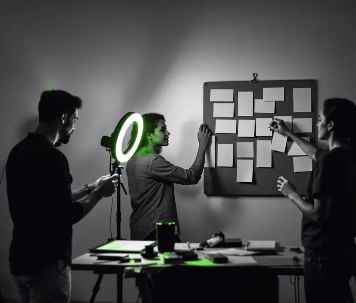Equipo de Staff Augmentation de marketing: un creador graba con el celular y aro de luz mientras dos colegas organizan el calendario de contenido