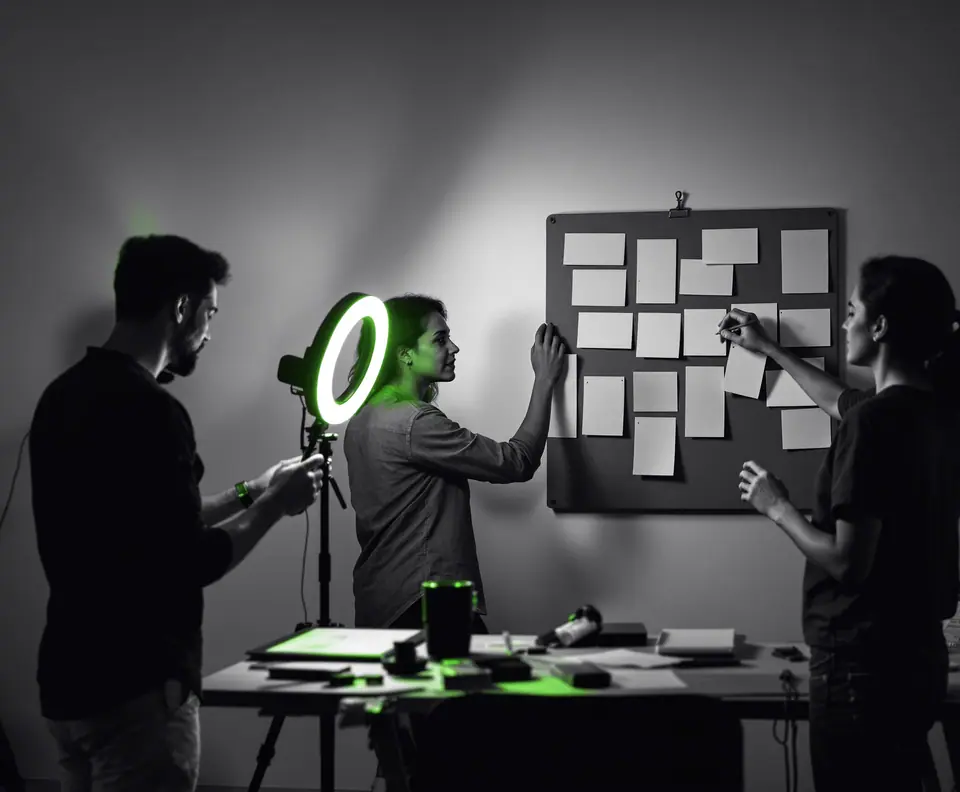 Equipo de Staff Augmentation de marketing: un creador graba con el celular y aro de luz mientras dos colegas organizan el calendario de contenido