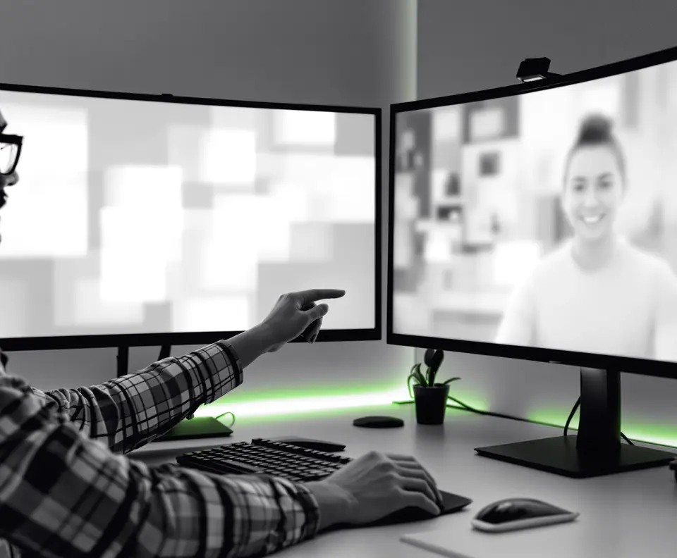 Un desarrollador señala su monitor mientras habla por videollamada con una colega remota: así se integra un equipo de staff augmentation TI