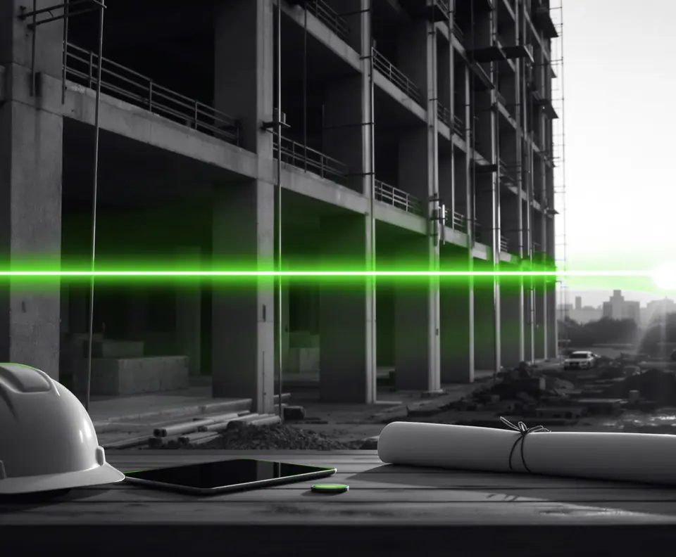 Edificio en obra con andamios y, en primer plano, planos y un casco sobre la mesa: caso de la plataforma de interventoría de Tovar Arquitectura