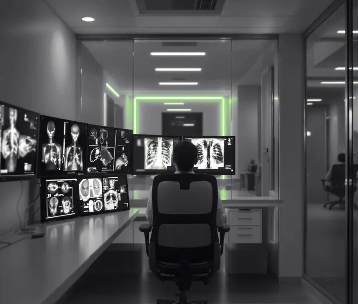 Radiology reading room with a person facing several diagnostic imaging monitors: UTMédica diagnostic imaging SaaS case study