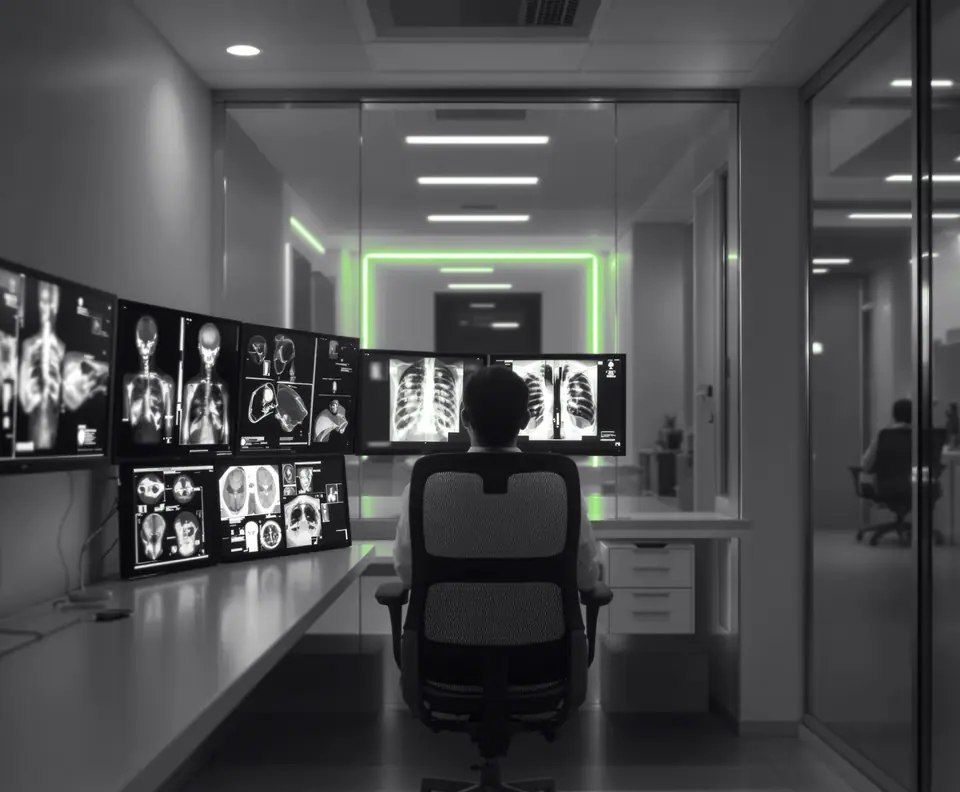 Sala de lectura de radiología con una persona frente a varios monitores de imágenes diagnósticas: caso del SaaS a la medida de UTMédica