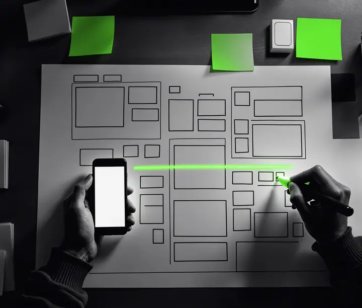 Hands holding a phone over hand-drawn wireframes and sticky notes, the early sketching stage at a UX design agency