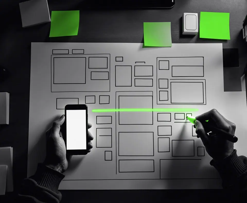 Hands holding a phone over hand-drawn wireframes and sticky notes, the early sketching stage at a UX design agency