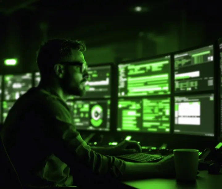Specialist at a bank of monitors showing monitoring charts, the daily oversight behind WordPress maintenance services