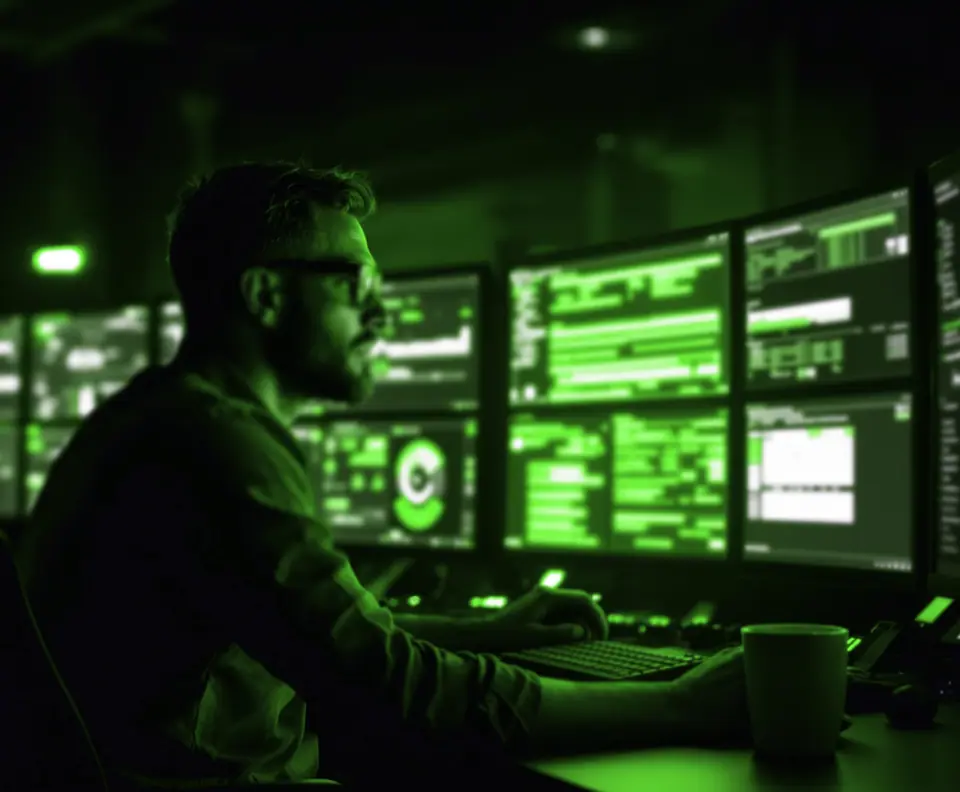 Specialist at a bank of monitors showing monitoring charts, the daily oversight behind WordPress maintenance services